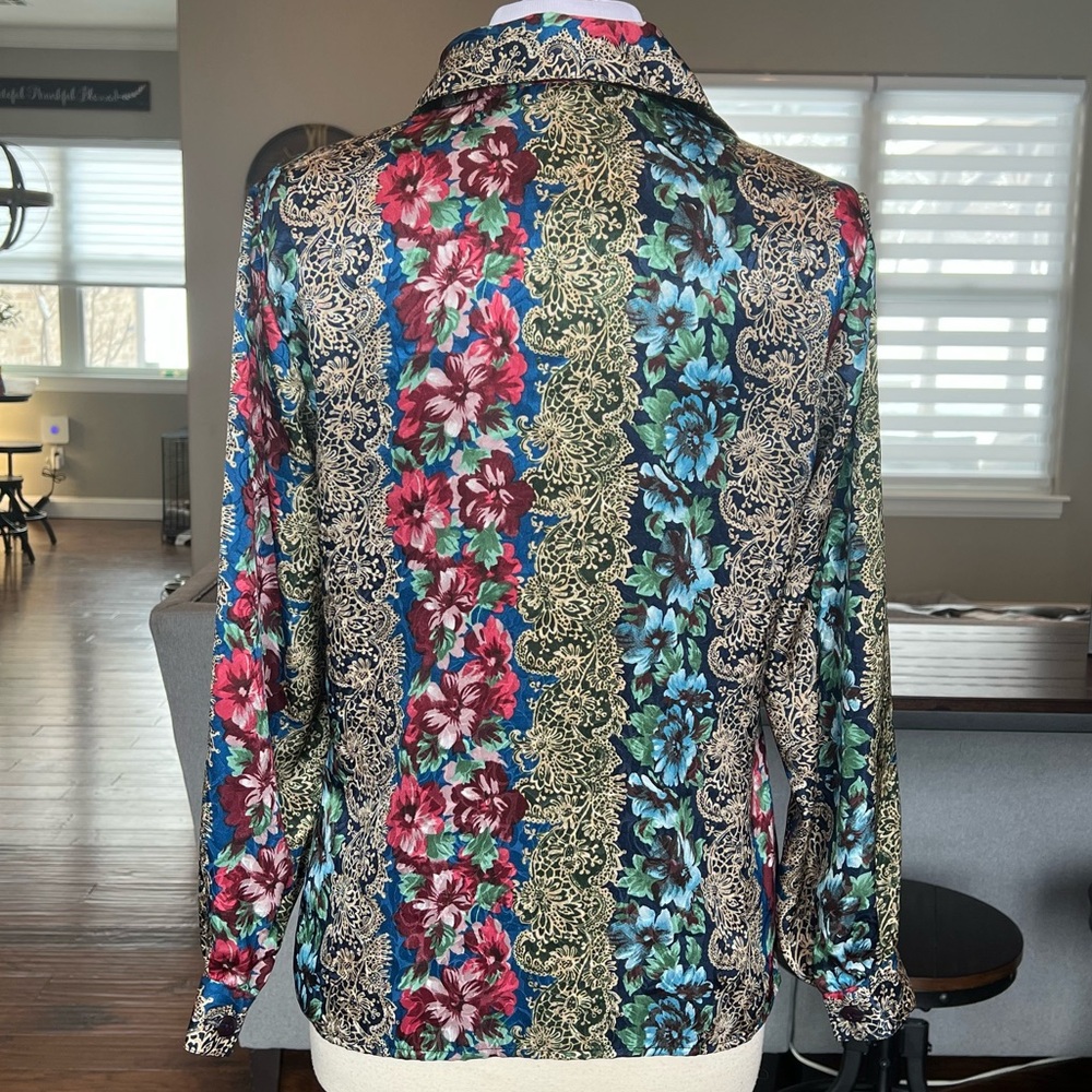 Vibrant Vintage Notations Blouse Size 8 Button Up Colorful 80’s Satin Top Shirt - Picture 9 of 13